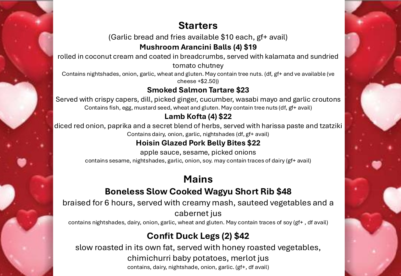 Valentine Menu